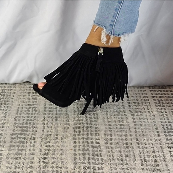 Giuseppe  Zanotti Suede Ankle Boots Black Peep-Toes with Fringe Size 36.5EU - Picture 7 of 7
